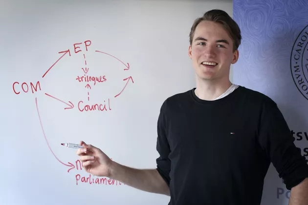 Man by whiteboard explaining diagram (image)